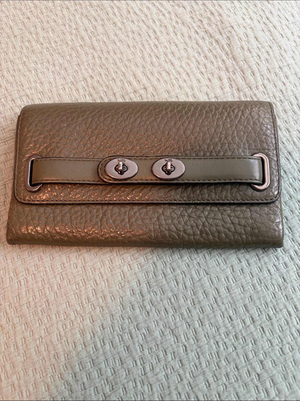Coach Blake Pebbled Leather Wallet Clutch in olive green with gunmetal hardware